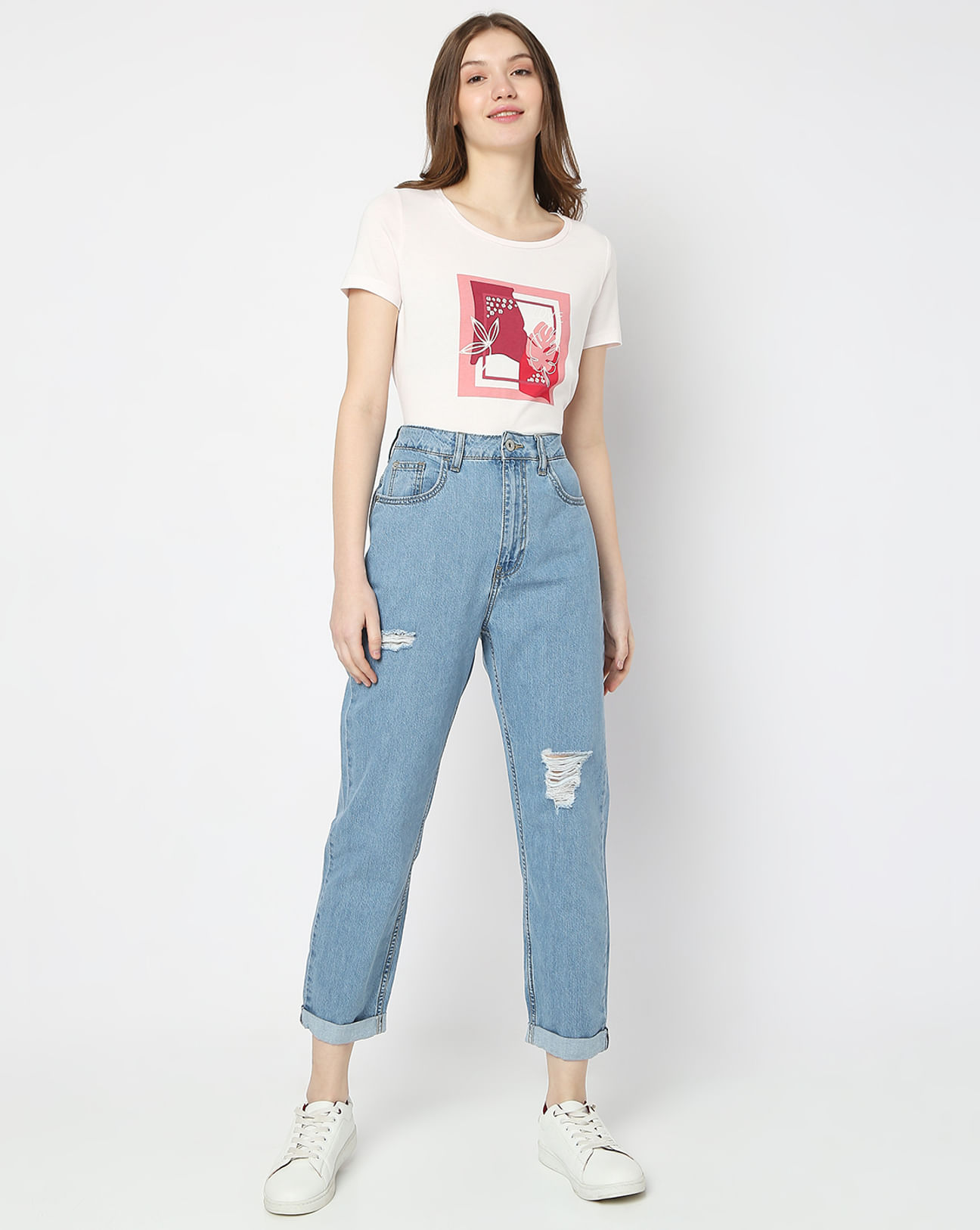 Blue High Rise Distressed Mom Fit Jeans|123051601-Powder-Blue
