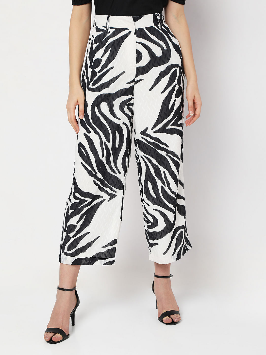 Jeans & Trousers | Black And White Print Pants With Zip | Freeup