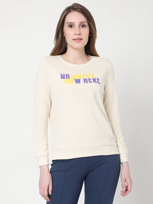 Beige Slogan Print Sweatshirt