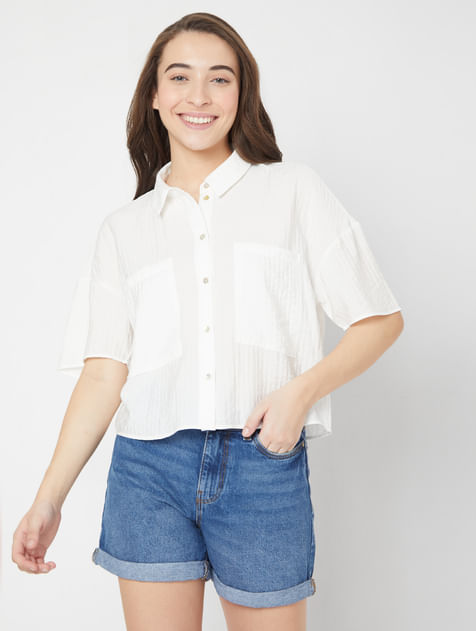 White Textured Boxy Shirt