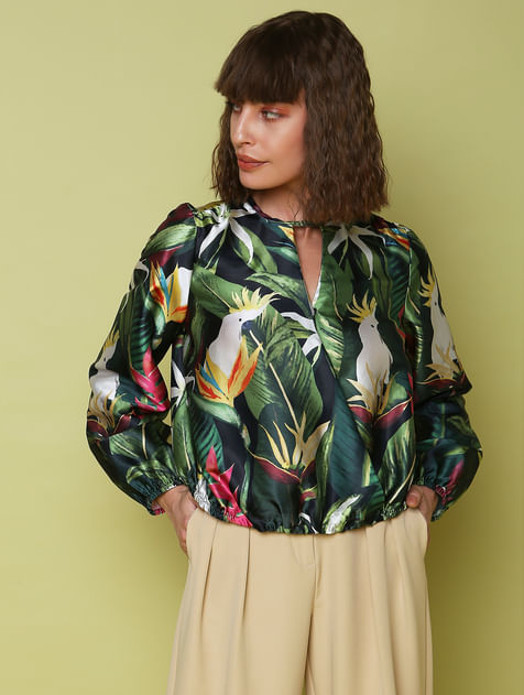 MARQUEE Green Tropical Print Top
