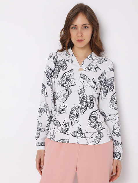 White Butterfly Print Top