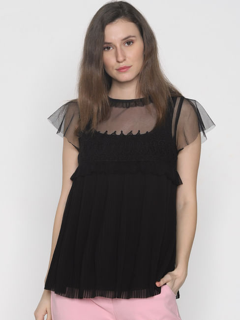 Black Pleated Lace Top