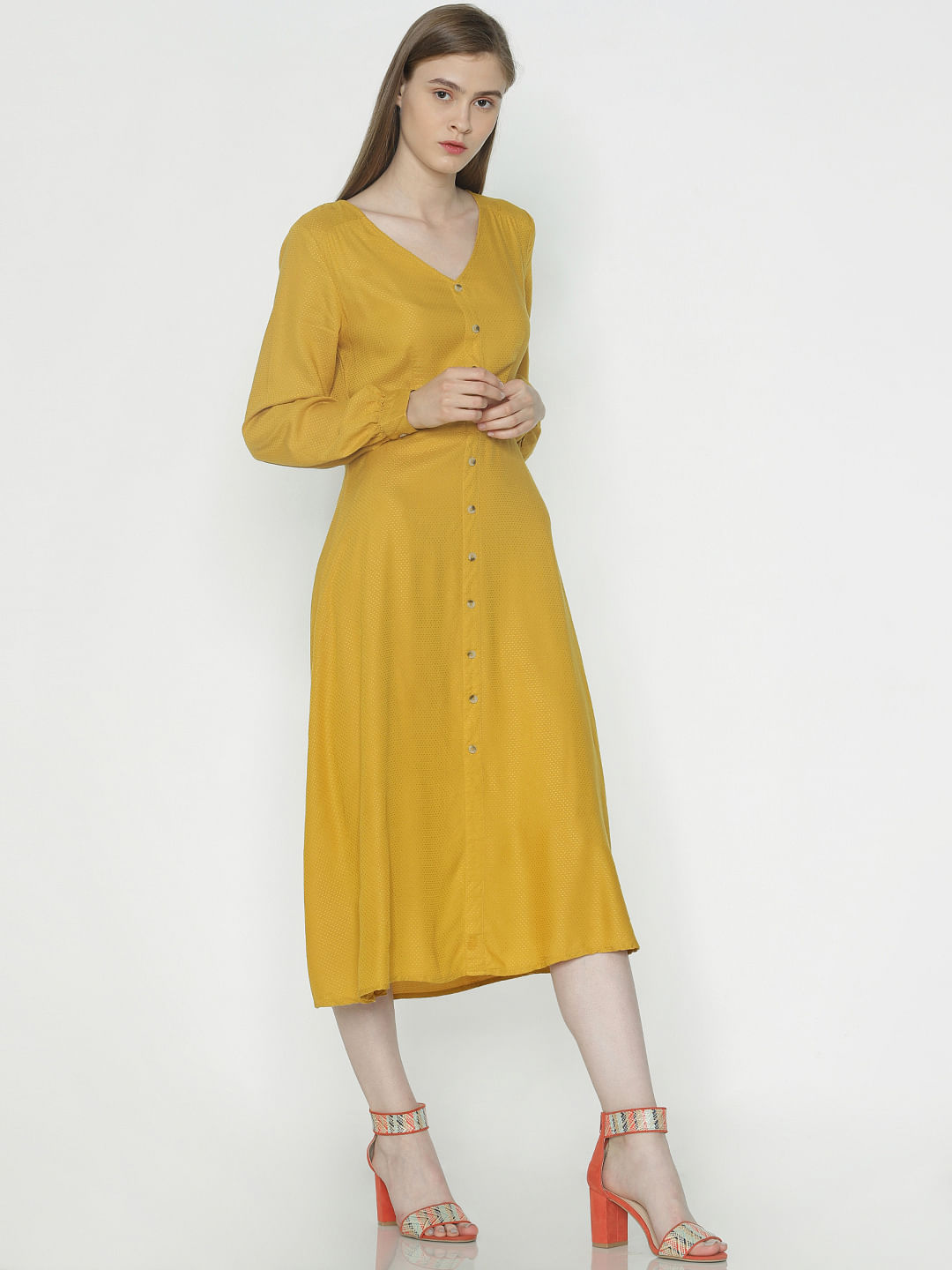 mustard yellow button down dress