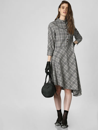 Grey Check Asymmetric Midi Dress