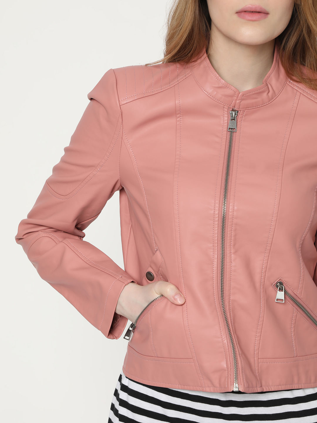 pink faux biker jacket