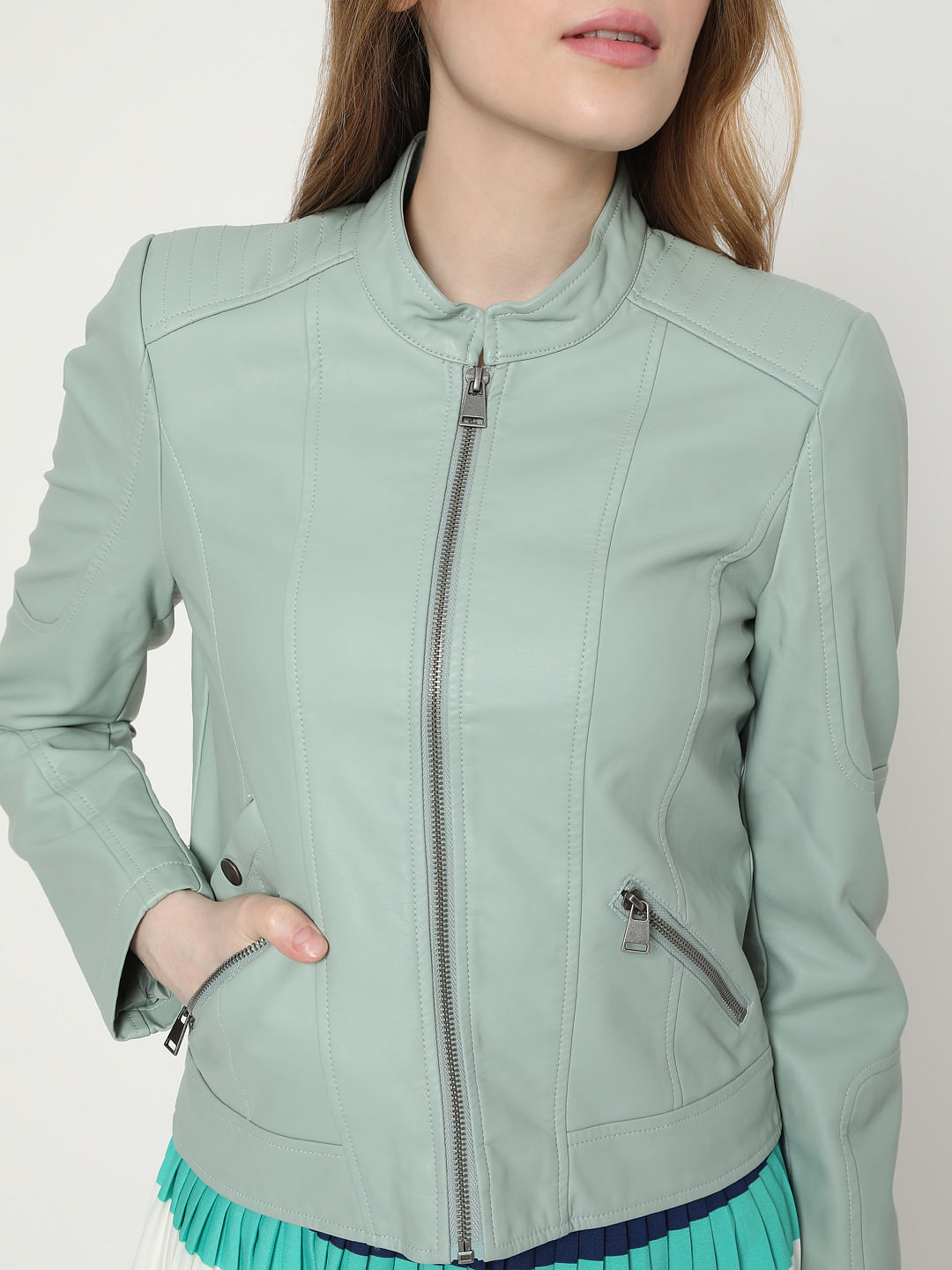 teal green leather jacket