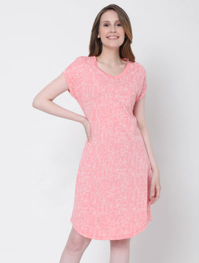 Pink Printed Nightwear Dress