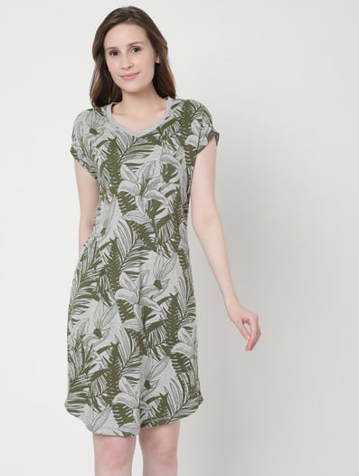 Grey Tropical Print Nighwear Dress
