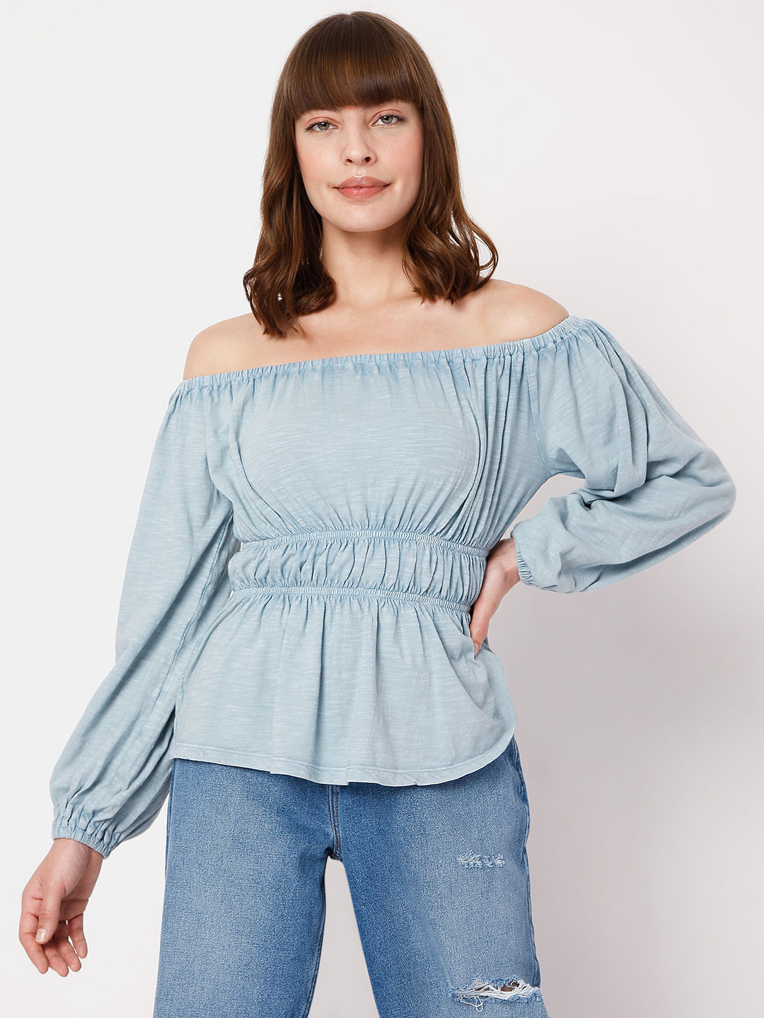 Blue off the deals shoulder top new look