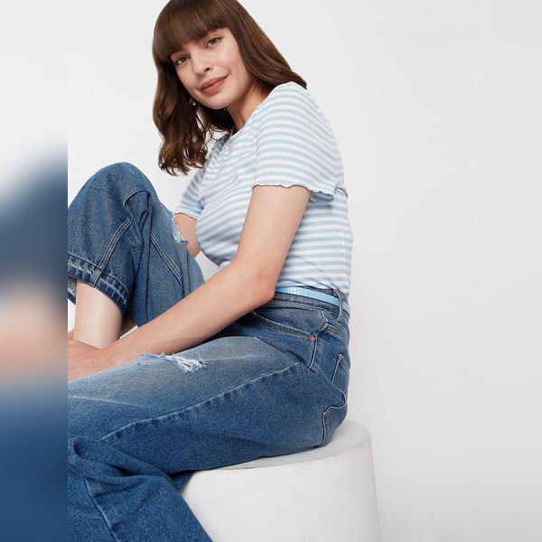 VERO MODA Women Blue Striped Top, Short Sleeves, Round Neck