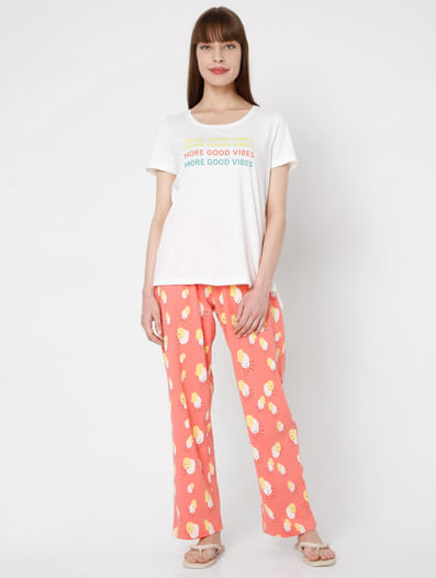  White & Coral T-shirt & Pyjama Set