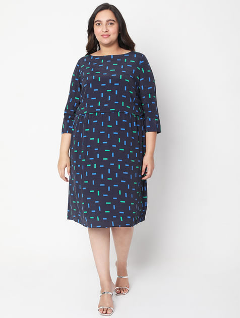 Curve Blue Printed Fit & Flare Dress
