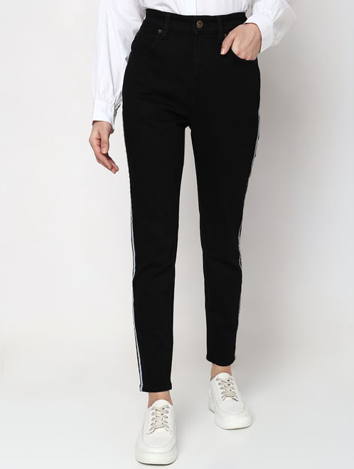 Black High Rise Tape Detail Wendy Skinny Fit Jeans