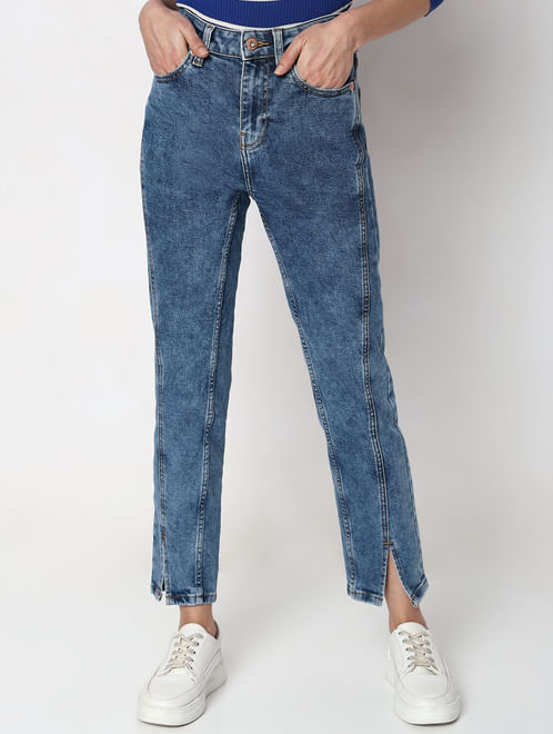 Blue Mid Rise Jade Straight Fit Jeans