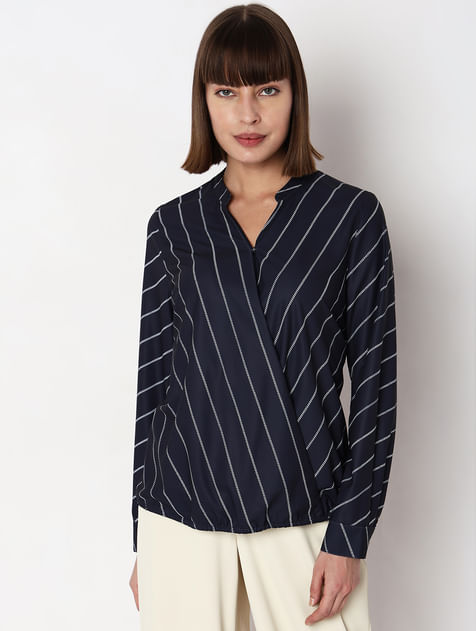 Navy Blue Striped Full Sleeves Top