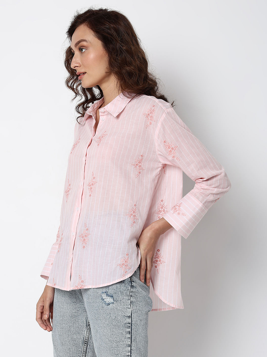 Pink Striped Embroidered Shirt