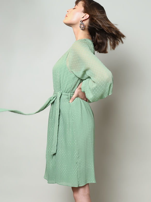 Green Georgette Pleated Dress
