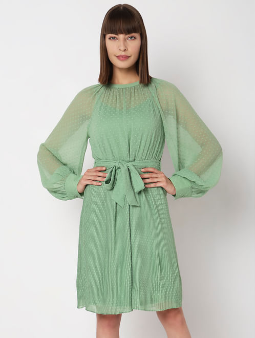 Green Georgette Pleated Dress