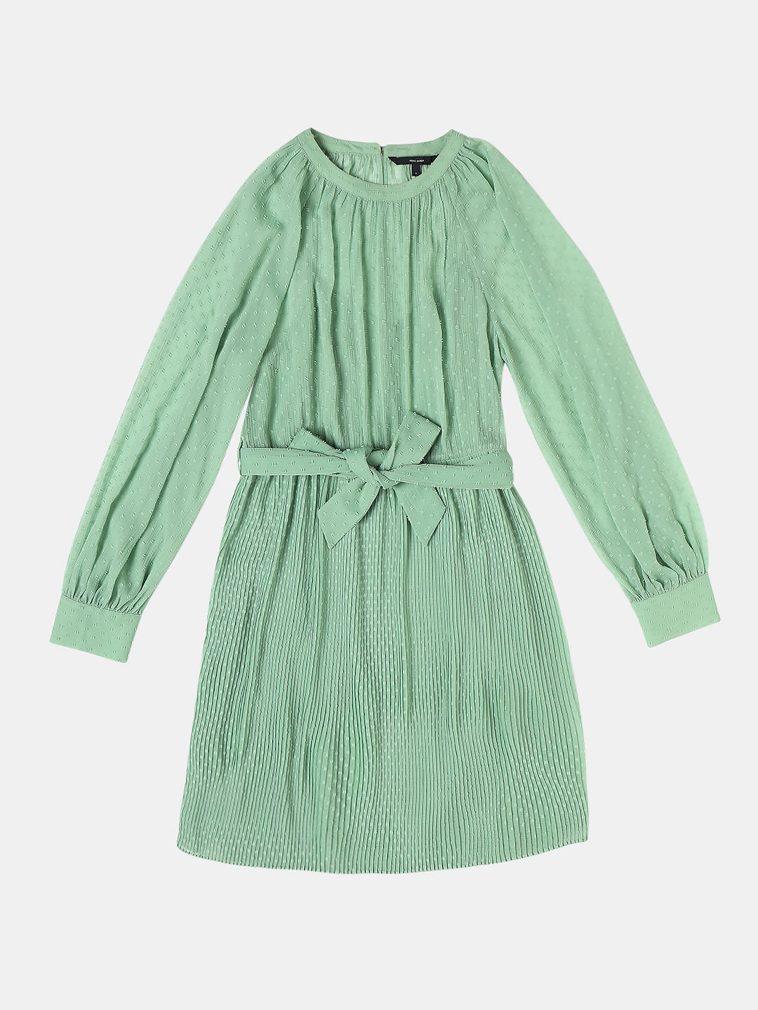 Green Georgette Pleated Dress|181612301