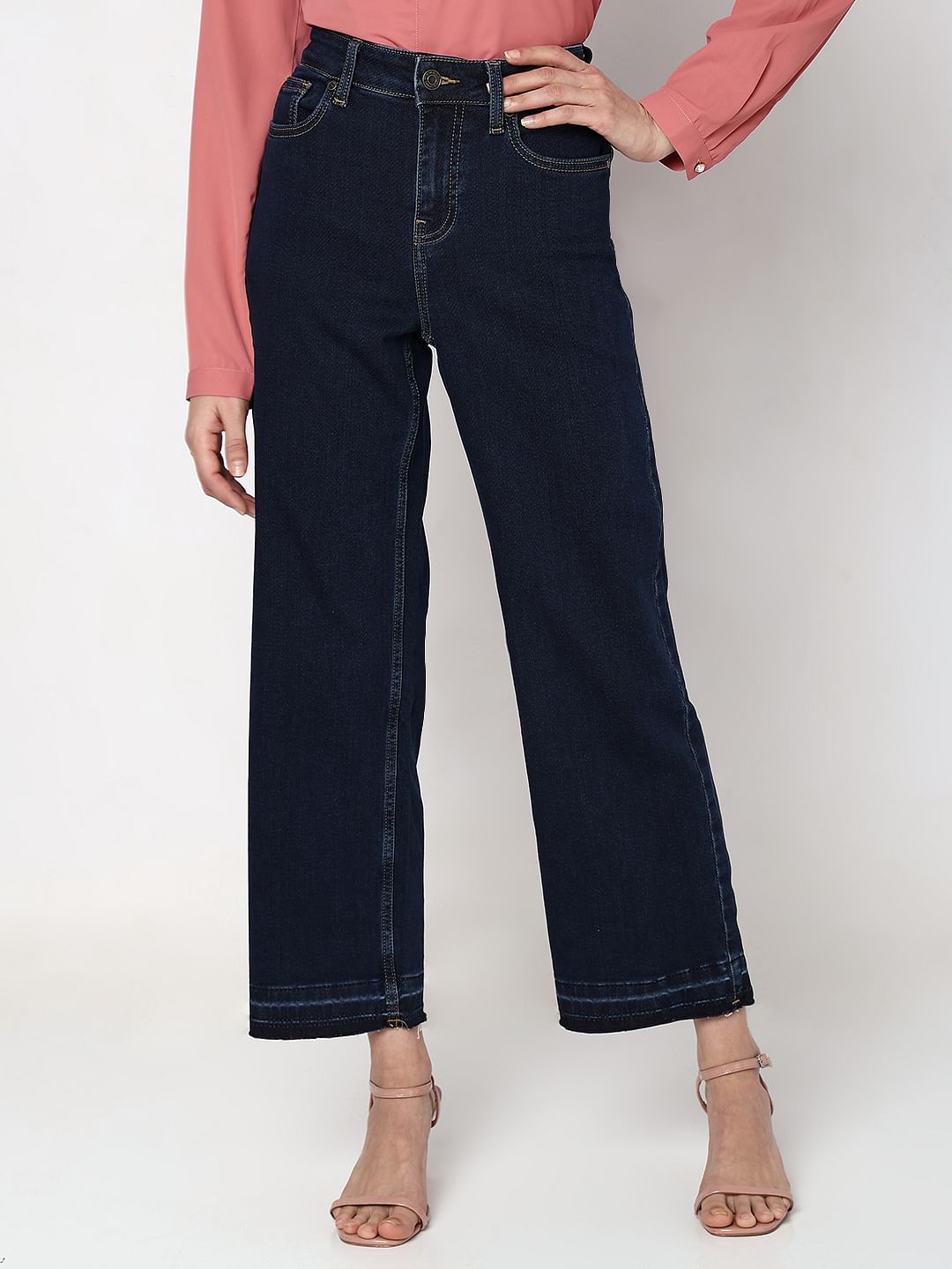 Dark blue straight leg jeans womens best sale