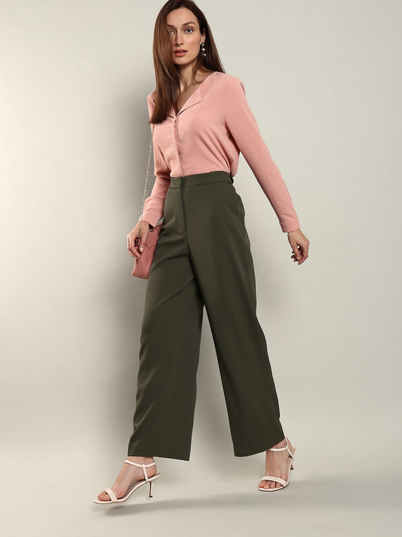 Green High Rise Straight Fit Pants