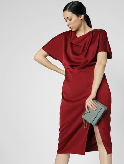 Dark Red Satin Midi Dress