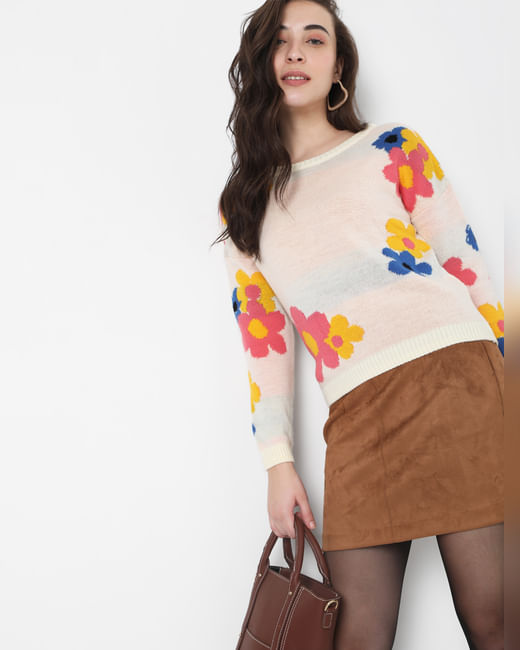 Beige Floral Jacquard Sweater