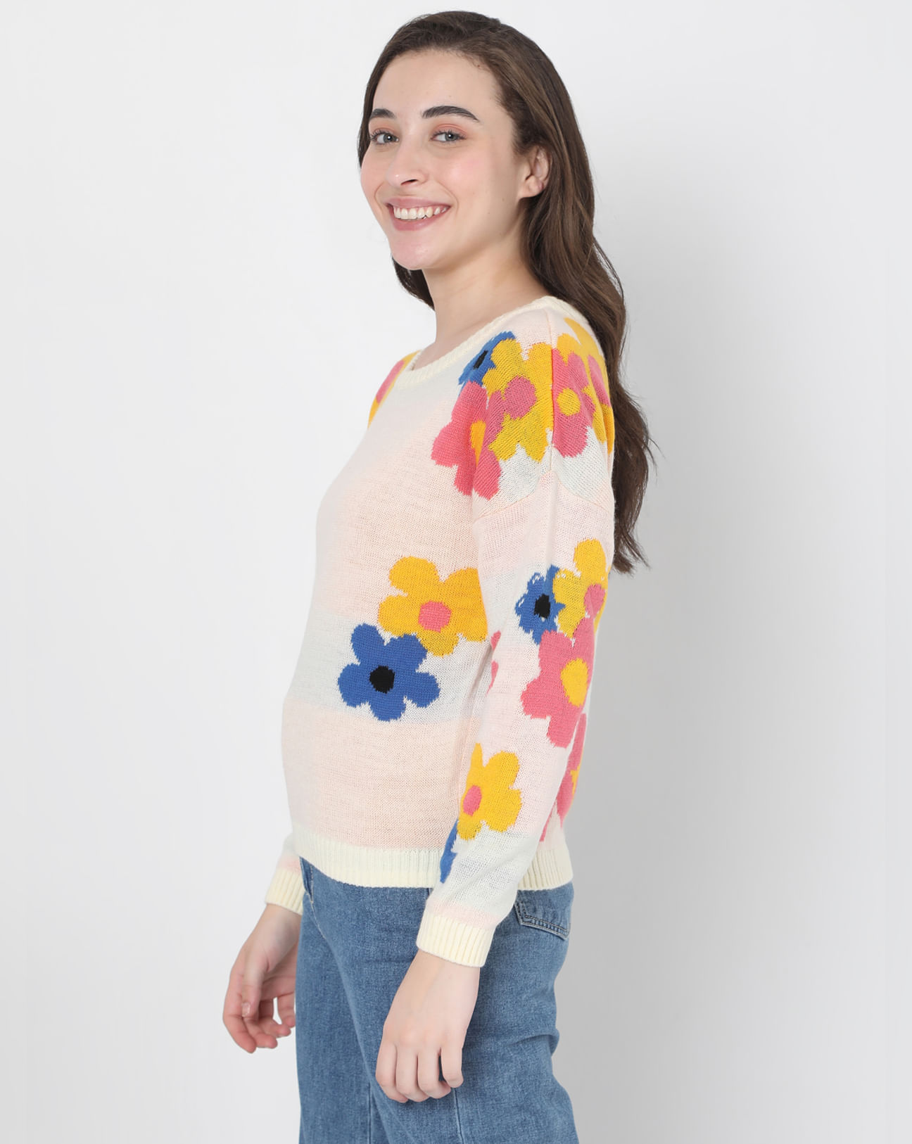 Beige Floral Jacquard Sweater