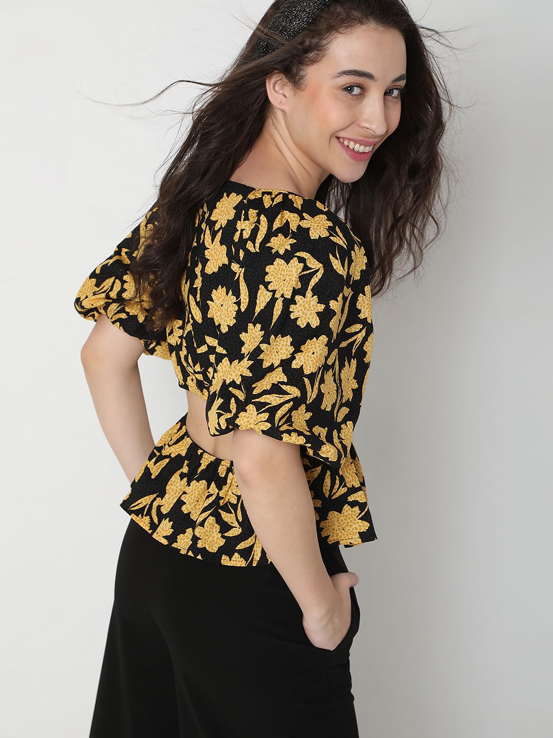 Black and yellow floral hot sale top