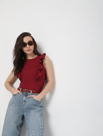 Red Ruffle Detail Top