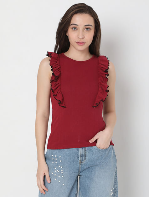 Red Ruffle Detail Top