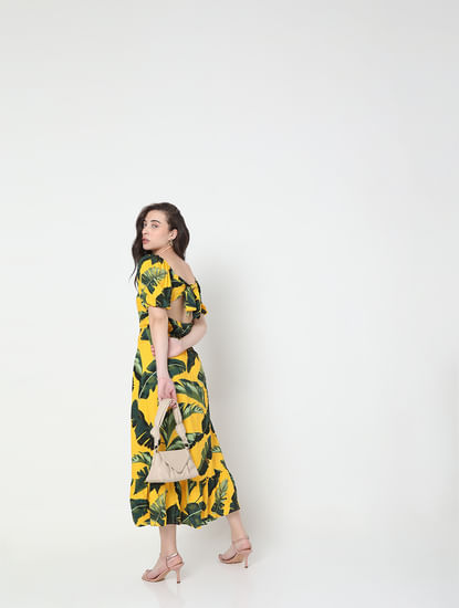 Yellow Tropical Print Midi Dress