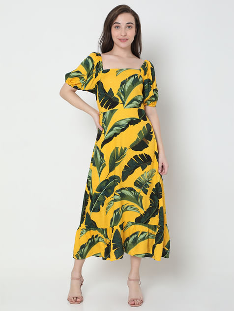Yellow Tropical Print Midi Dress
