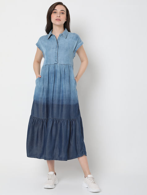 Blue Colourblocked Denim Midi Dress
