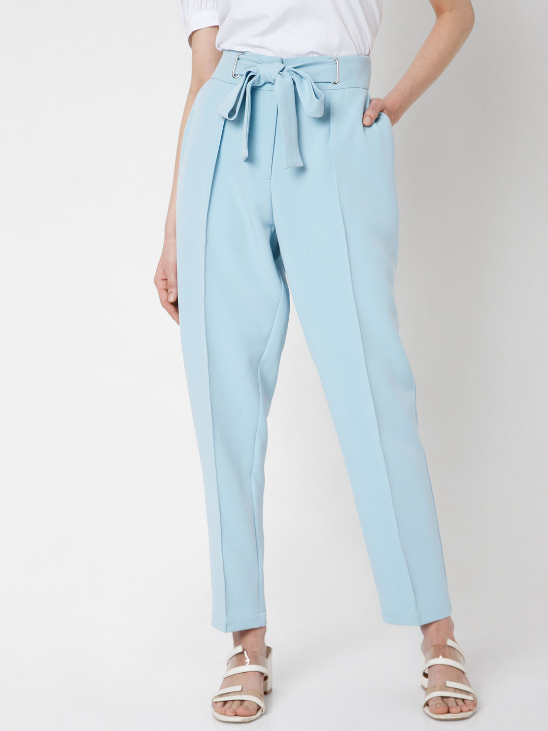 Buy AND Powder Blue Regular Fit Trousers for Women Online  Tata CLiQ