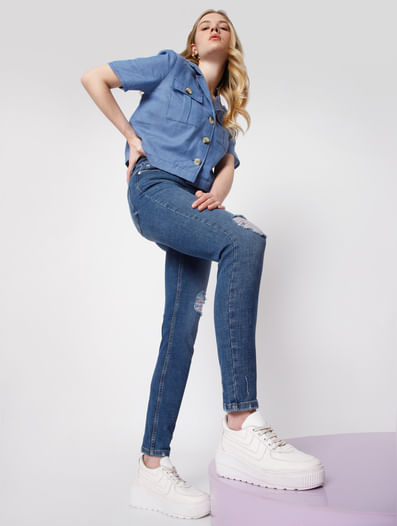 Blue Mid Rise Skinny Ripped Jeans