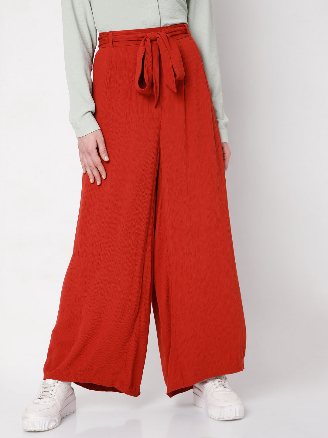 Buy Brick Red High Rise Tie Up Palazzo Pants for Women Online