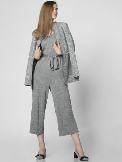 Grey Belted Cropped Jumpsuit