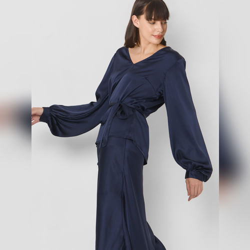 BESTSELLER CLOTHING Navy Blue Belted Top