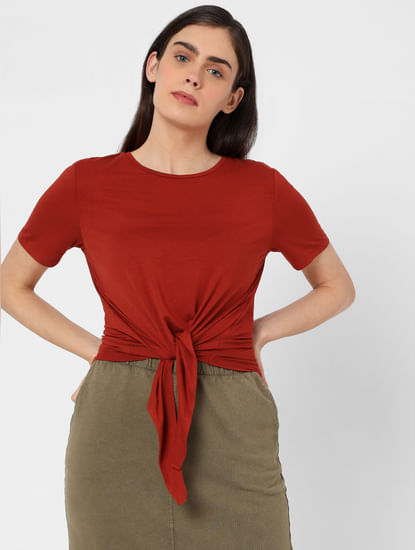 Burnt Red Front Knot T-shirt