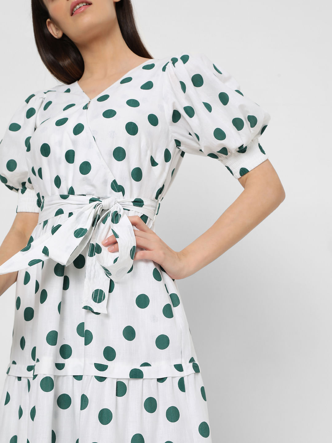 green and white polka dot dress