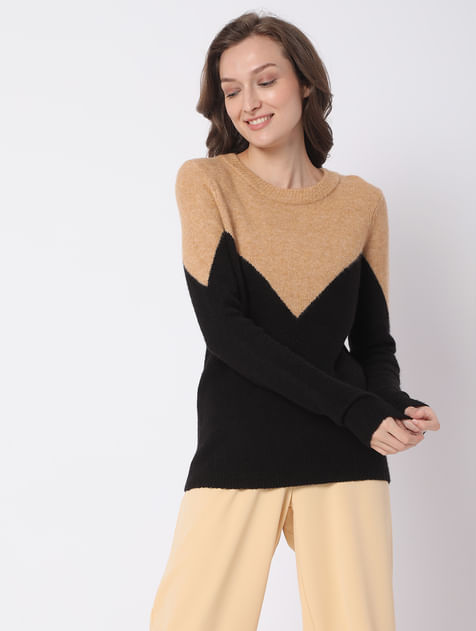 Brown Colourblocked Sweater