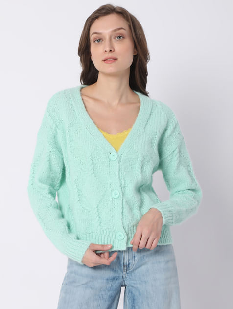 Green Front Open Cardigan