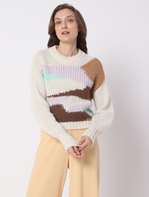 Beige Abstract Print Sweater