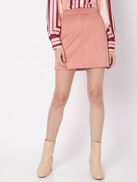 Pink High Rise Faux Suede Skirt