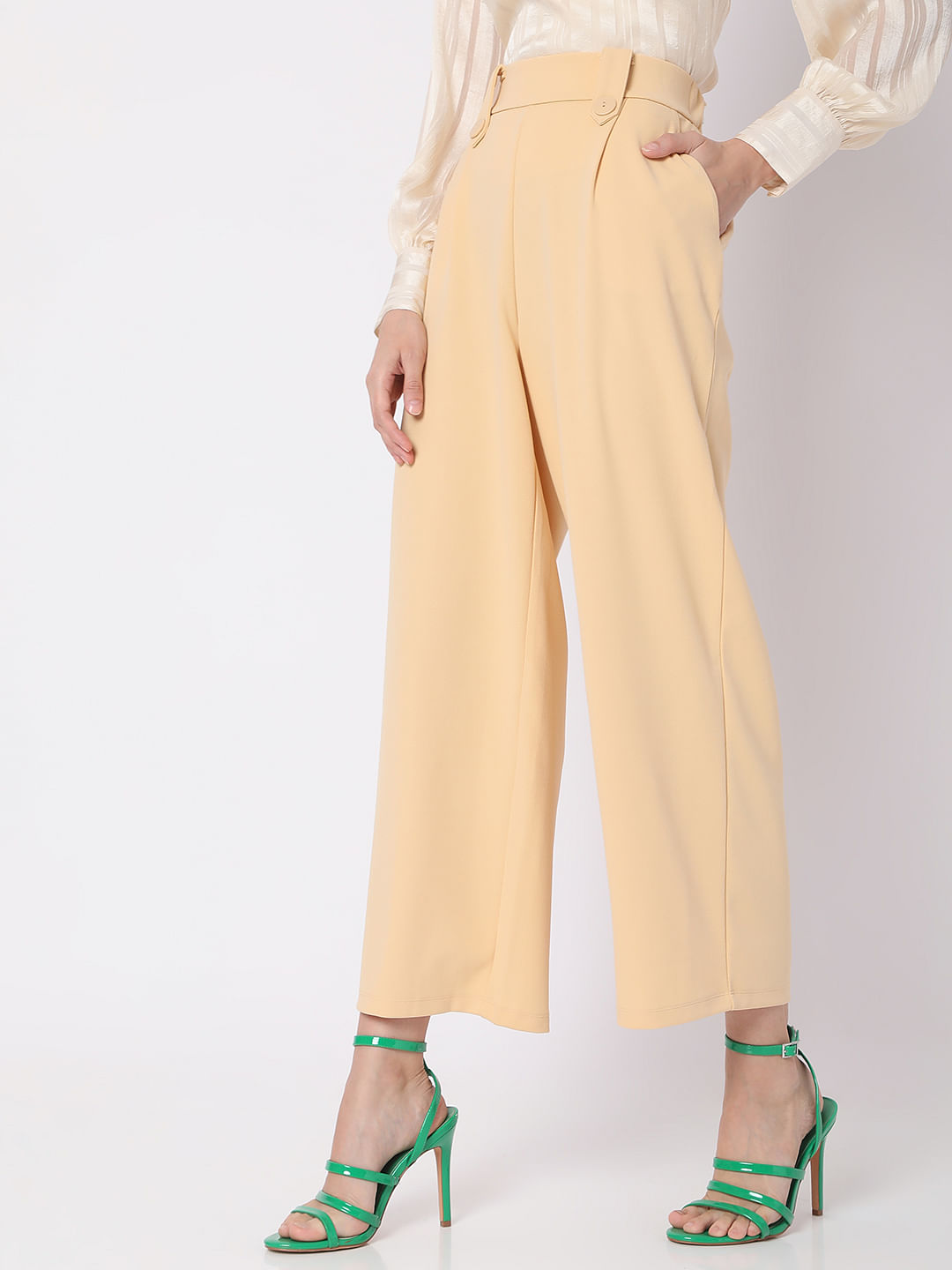 Rayn Wide Leg Trousers in Beige | ikrush