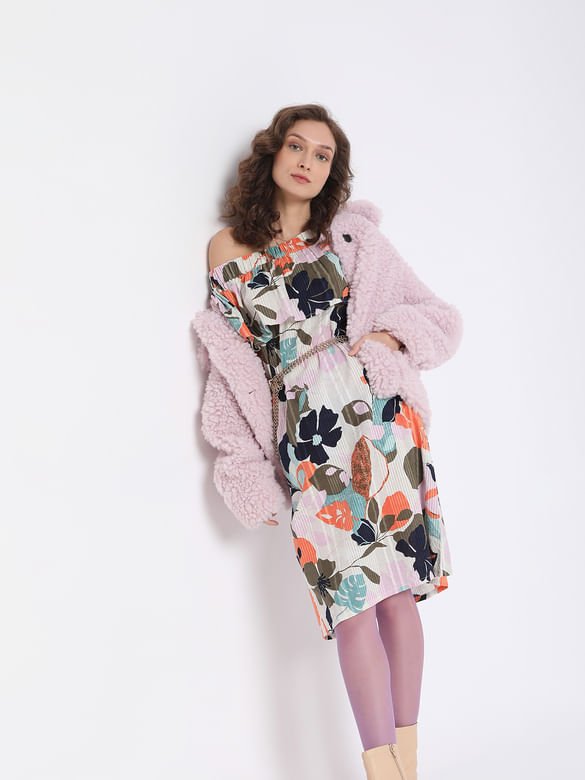 Beige Floral Off-Shoulder Midi Dress