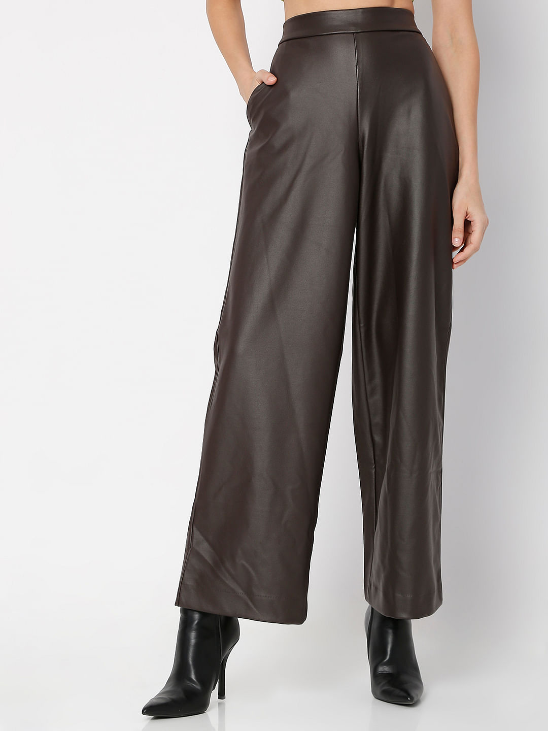 Shop WES Formals Solid Dark Brown Slim Tapered Trousers Online  Westside