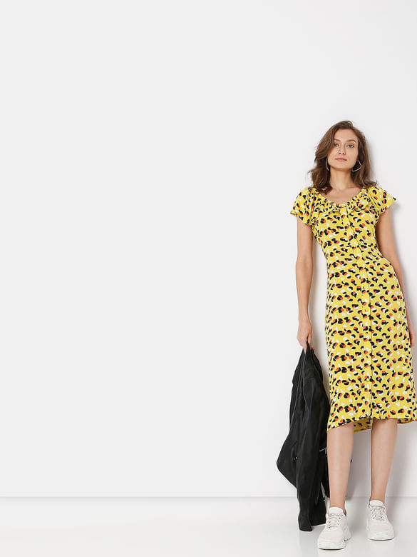 Yellow All Over Print Midi Dress